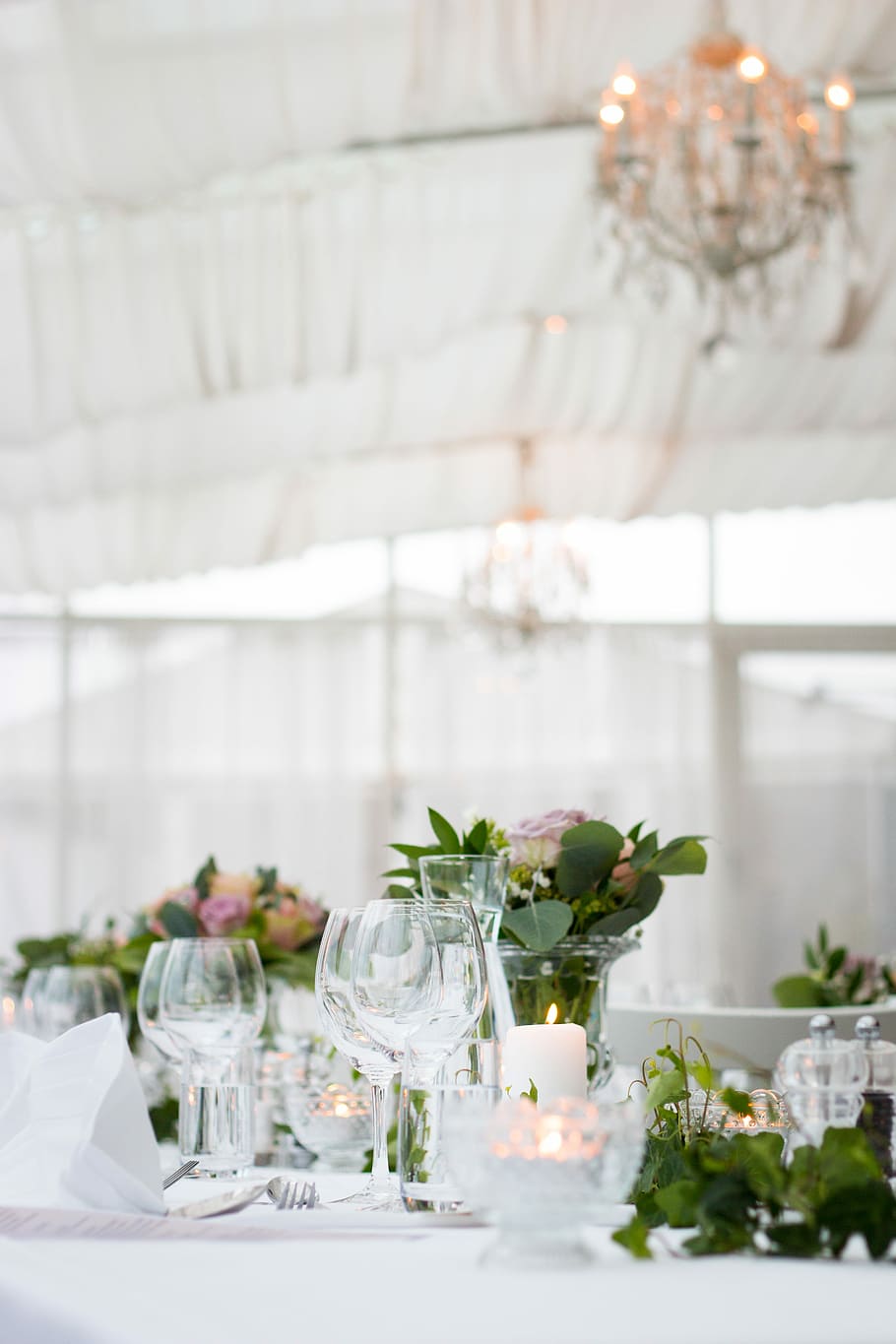 clear long-stem wine glasses on table, wine glass on table, candle HD wallpaper