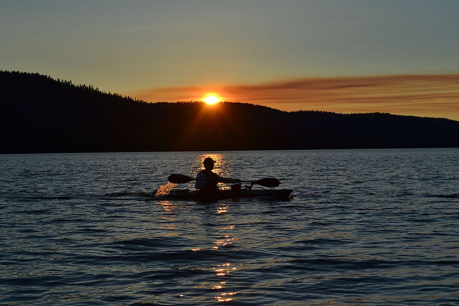 sunset, mountains, kayak, oar, water, clouds, sky, beauty in nature HD wallpaper