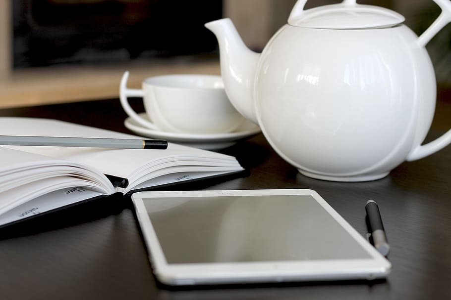 photo of white tablet with stylus pen near teapot, office, ipad HD wallpaper