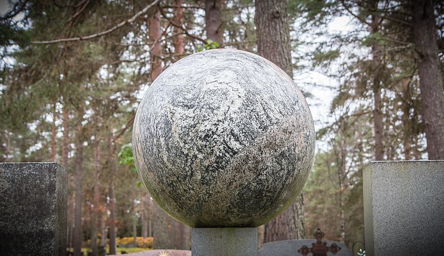 stone, ball, shape, granite, tree, plant, sphere, cemetery HD wallpaper