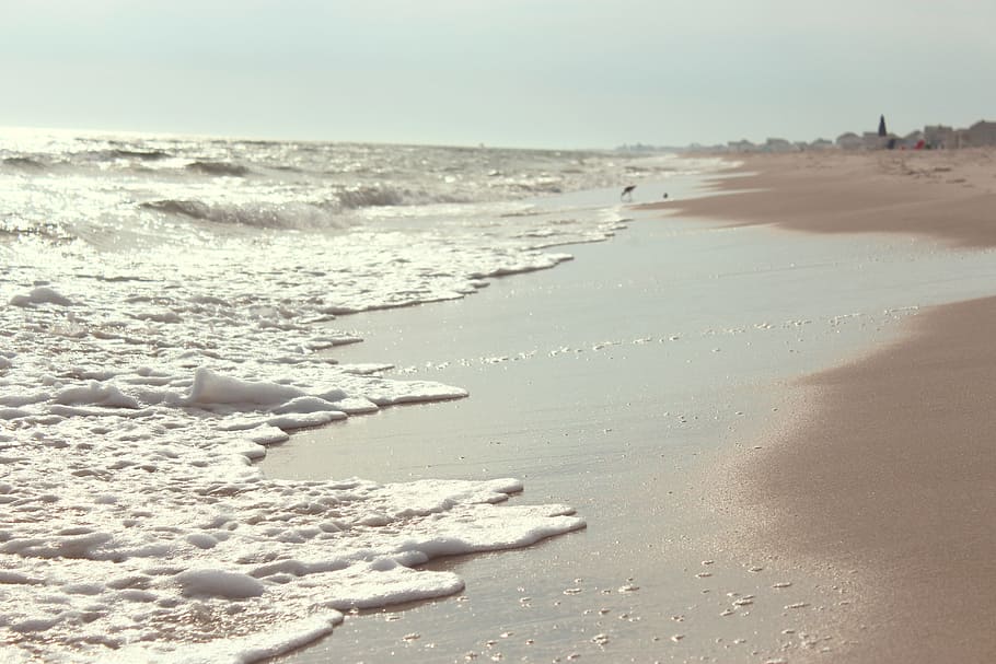 seashore, beach, sand, waves, ocean, water, sunshine, sunny HD wallpaper