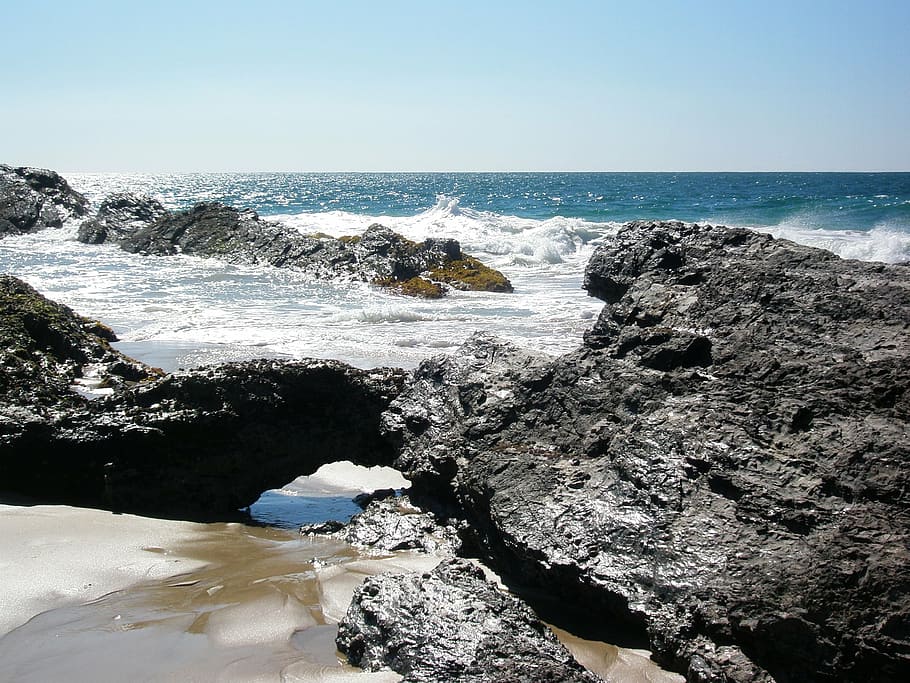 rocky, beach, ocean, waves, spray, water, coastline, shore HD wallpaper