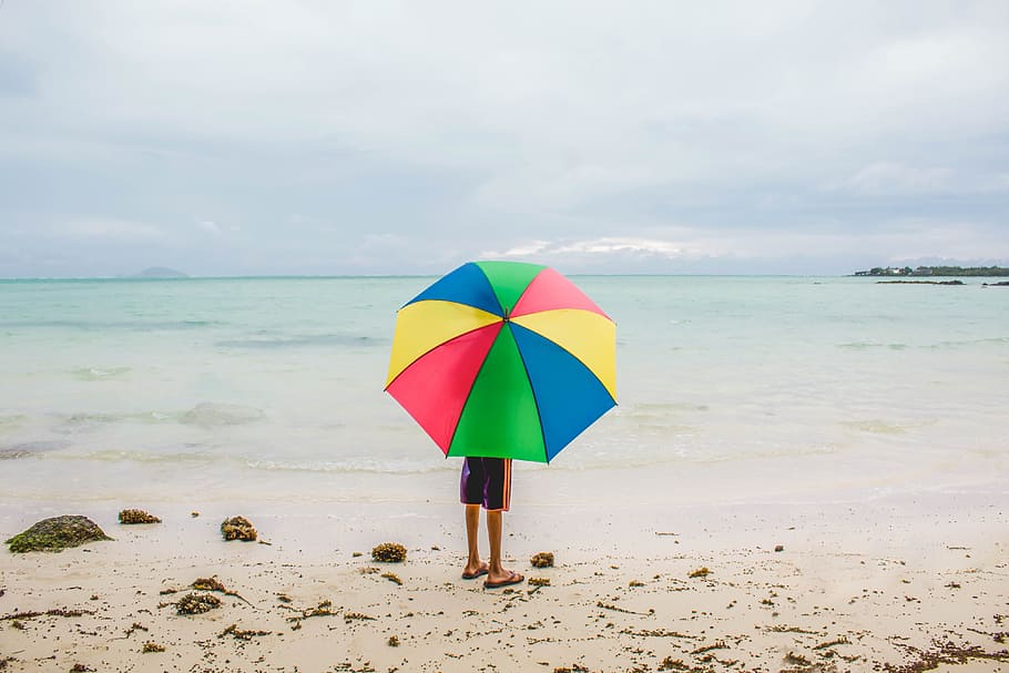 sand, beach, summer, relaxation, sea, seashore, umbrella, tropical HD wallpaper