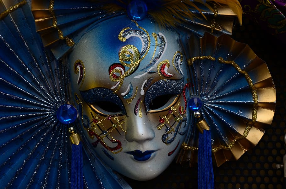 fringed blue, gold, and silver glitter masquerade, mask, venice, HD wallpaper