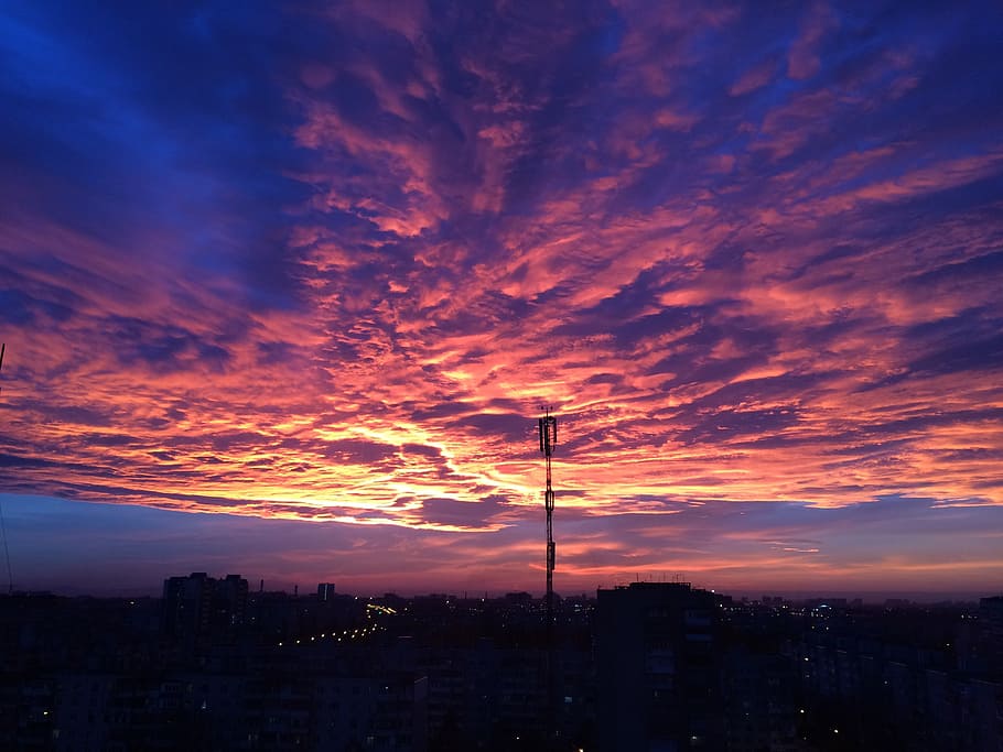 sunset, city, view, window, sky, night, view from the window HD wallpaper
