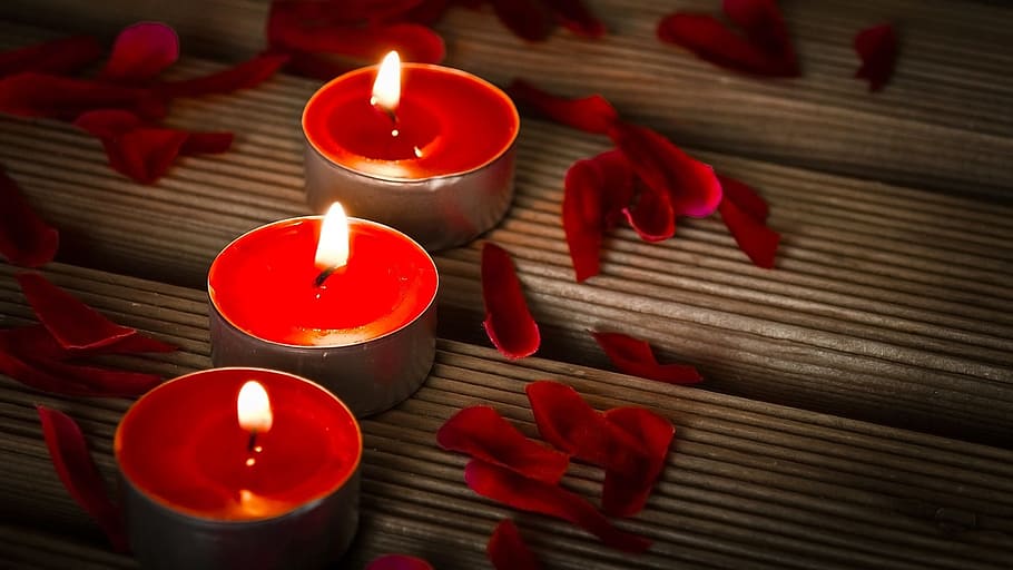 three red tealights photography, candles, flames, decoration, HD wallpaper