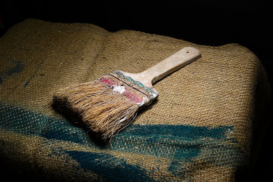 paint brush on top of brown textile, old brush, sack, antique, HD wallpaper