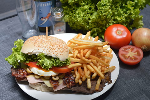 photo of burger with fries on white plate, potato chips, tomato HD wallpaper
