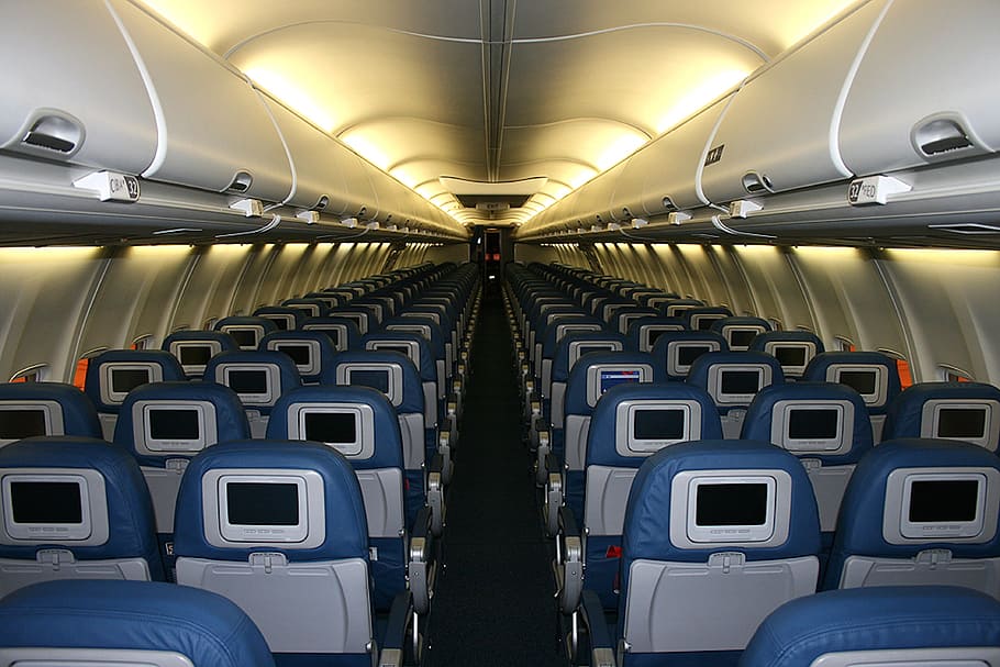 blue and gray airplane interior, empty, seats, cabin, aircraft