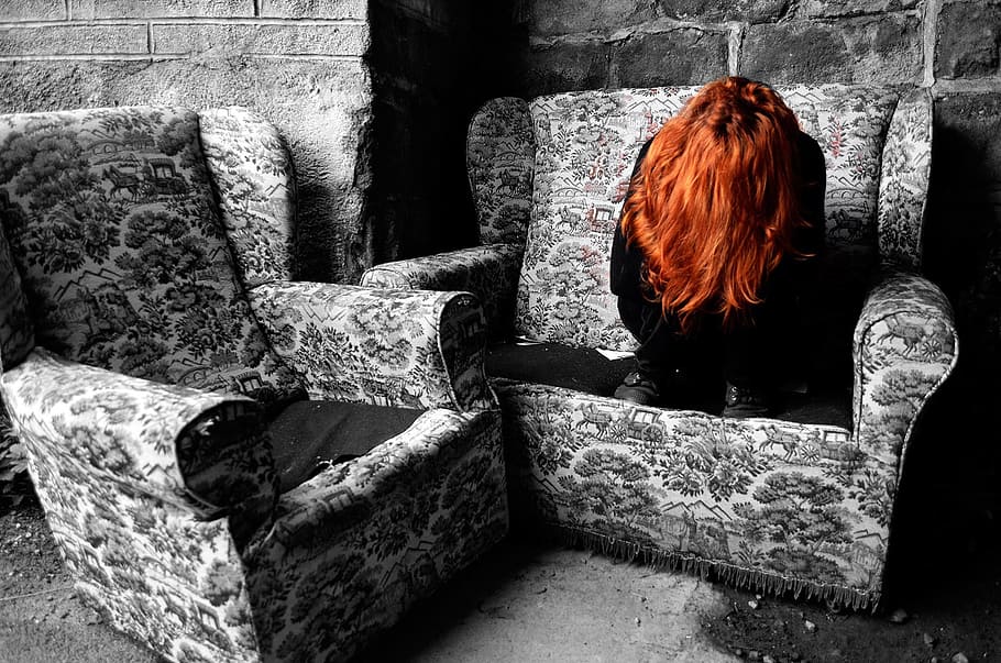 woman in black clothes and brown hair sitting on couch, depression HD wallpaper