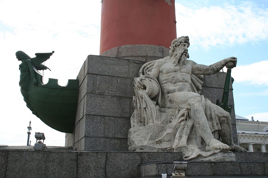 rostral column, red, base, grey, statue, male figure, marine HD wallpaper