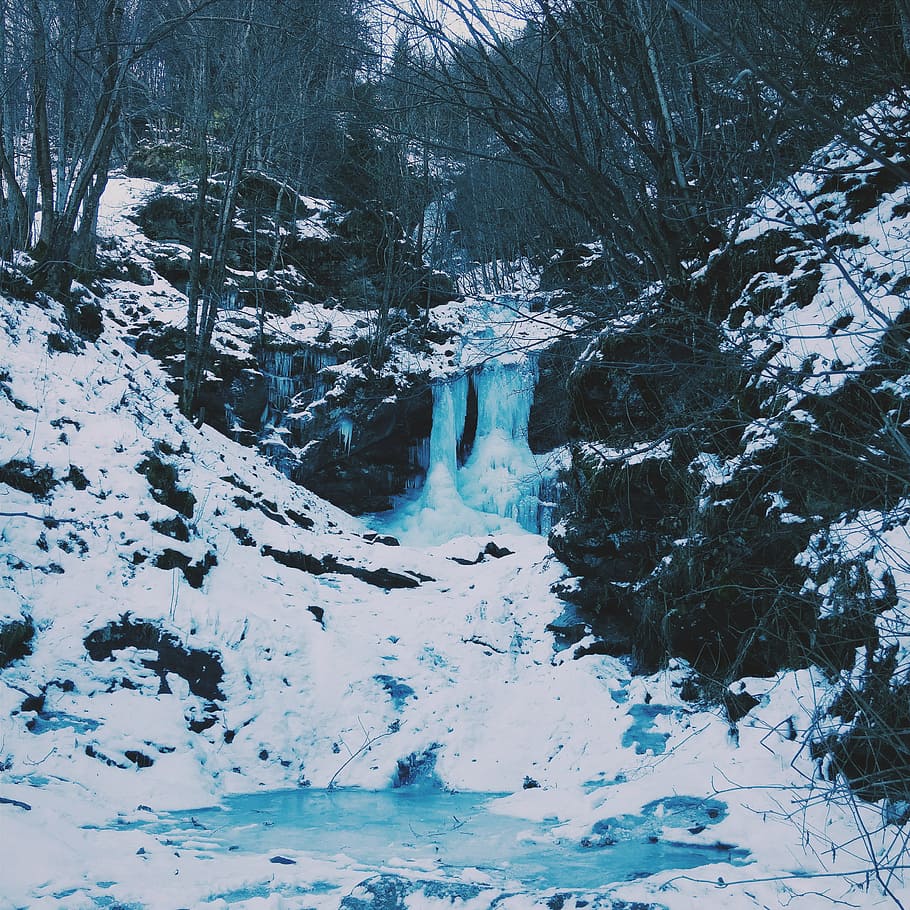 river, ice, snow, water, stream, forest, woods, nature, outdoors HD wallpaper