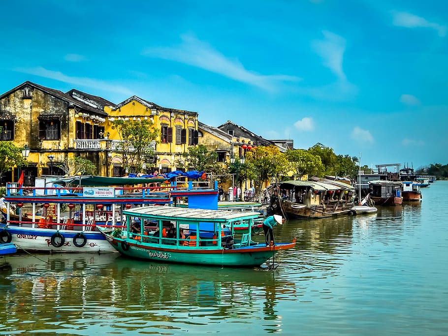 boats near houses under blue sky, vietnam, town, asia, travel