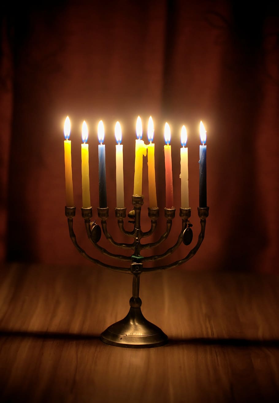 lighted taper candles on candlelabra, hanukkah, judaism, candlestick