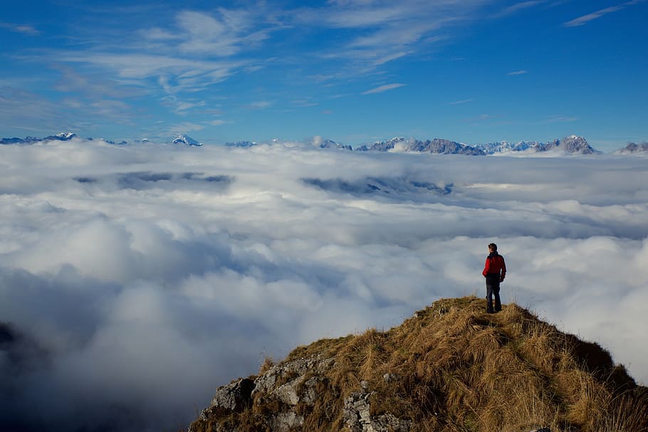 man on mountain, mountains, landscape, clouds, excursions, adventure HD wallpaper