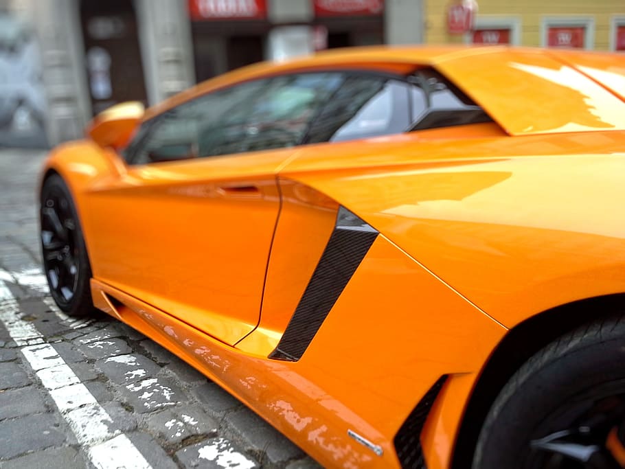 orange sports card parked on paver block, lamborghini, brno, racing car, HD wallpaper