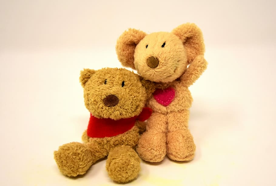 two brown bear plush toys, teddy, mouse, heart, love, stuffed animal, HD wallpaper