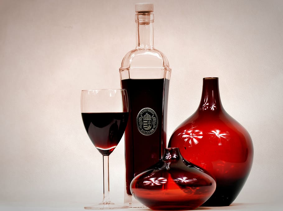 red stoneware containers, red wine, carafe, cup, vase, alcohol HD wallpaper