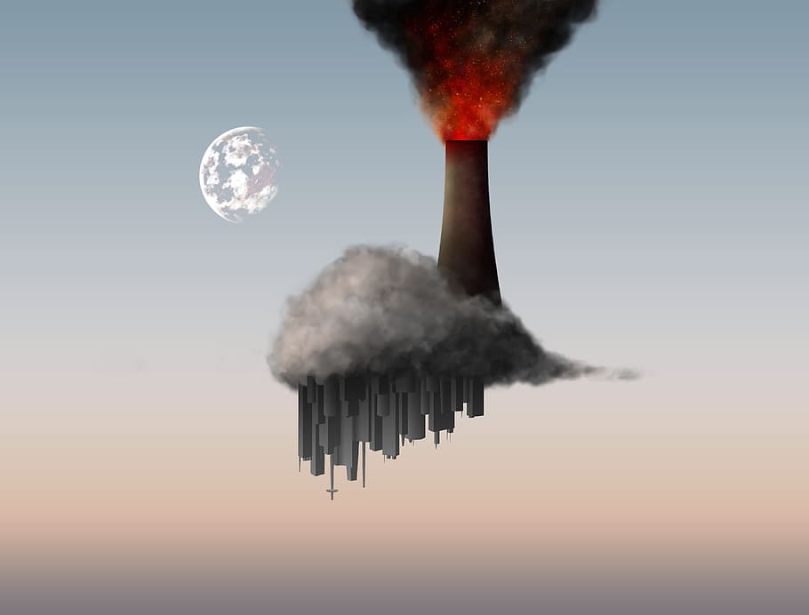 buildings with smoke illustration, cloud, surrealism, sky, city HD wallpaper