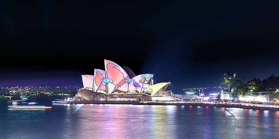 Sydney Opera House with multicolored lights at night time, australia, HD wallpaper