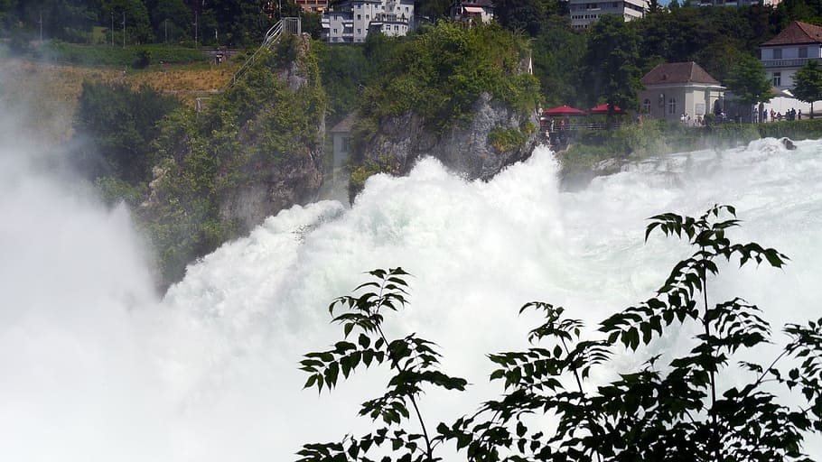 rhine, waterfall, schaffhausen, switzerland, motion, tree, built structure, HD wallpaper