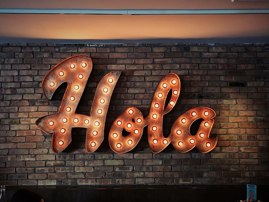 Hola LED signage, neon sign, brick, lightbulb, food, food and drink, HD wallpaper