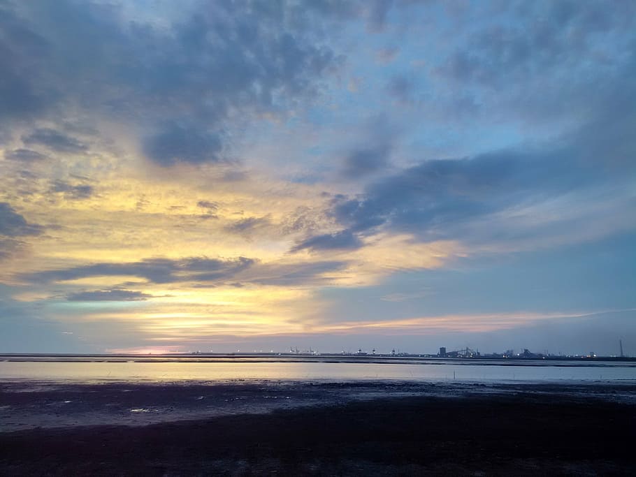 sky, sunset, blue, nature, landscape, sunlight, orange, horizon HD wallpaper