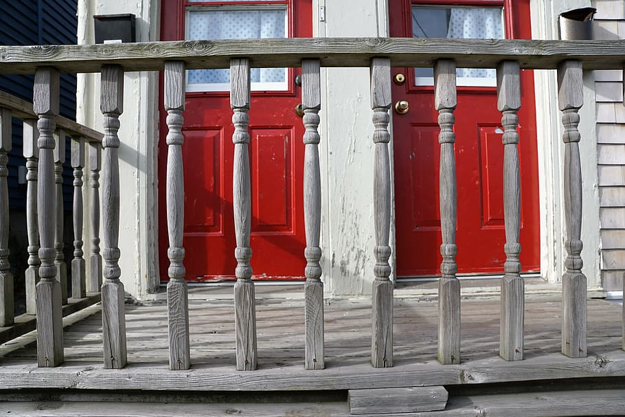 home, door, woods, railing, architecture, red, built structure HD wallpaper