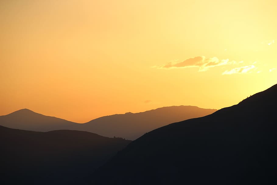 silhouette mountain, sunset, sky, dusk, landscape, evening HD wallpaper