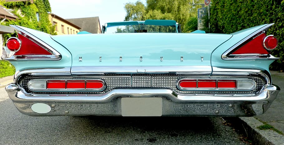 closeup photo of blue muscle car, mercury, auto, classic, oldtimer