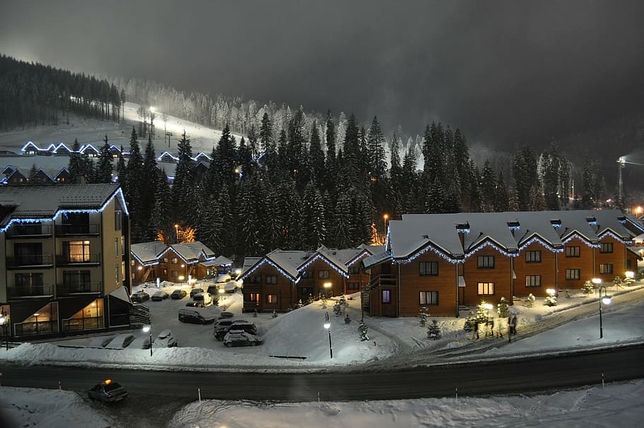 house, chalet, mountains, evening, nature, twilight, snow, efi HD wallpaper