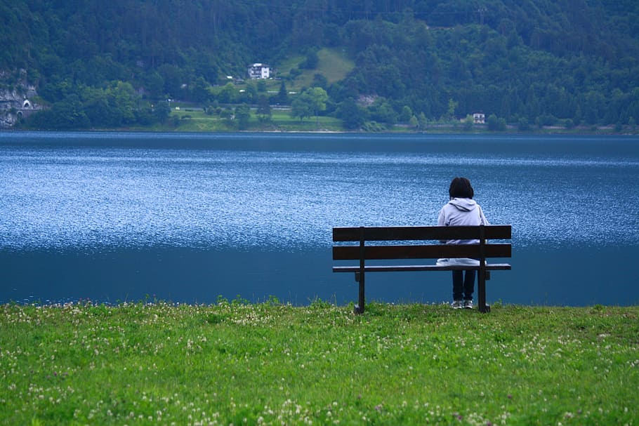 Lake, Ledro, Thinking, Italy, Calm, quiet, nature, bench, water HD wallpaper