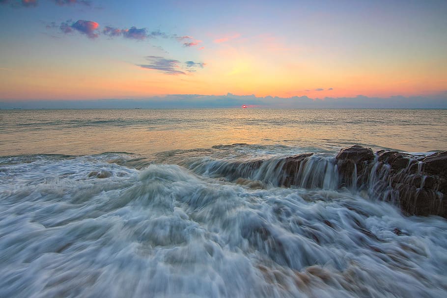 sea, dawn, nature, sky, beach, clouds, coast, evening sky, ocean HD wallpaper