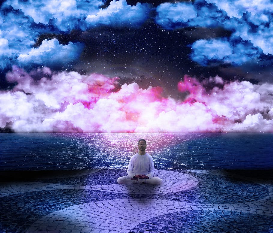 sitting man in white dress shirt and white pants, Cosmos, Posture HD wallpaper