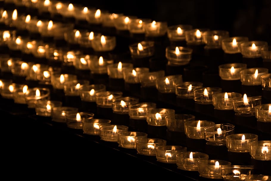 candles in glass cup, candle light, tealight, church, church service, HD wallpaper