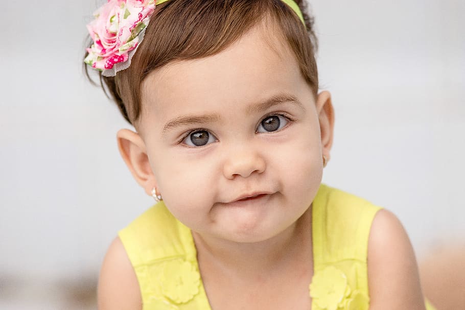 baby girl wearing yellow dress in close-up photo, child, nice HD wallpaper