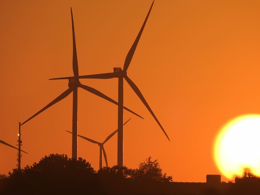 sun, sunset, fireball, windräder, red, rheinhessen, evening sun HD wallpaper