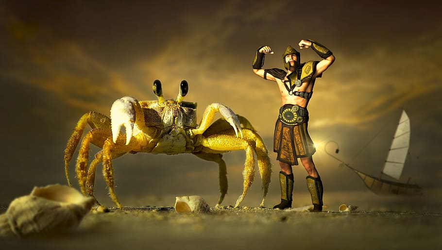 video game screenshot, fantasy, crab, warrior, ship, sea, lake, HD wallpaper