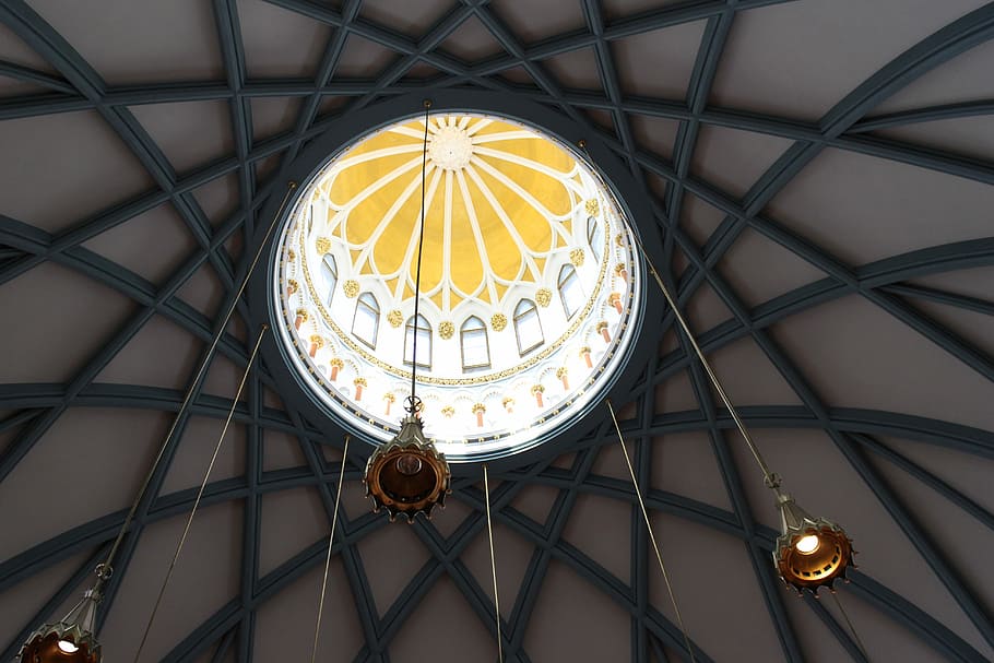 three beige pendant lights on ceiling, interior, circle, lamp HD wallpaper