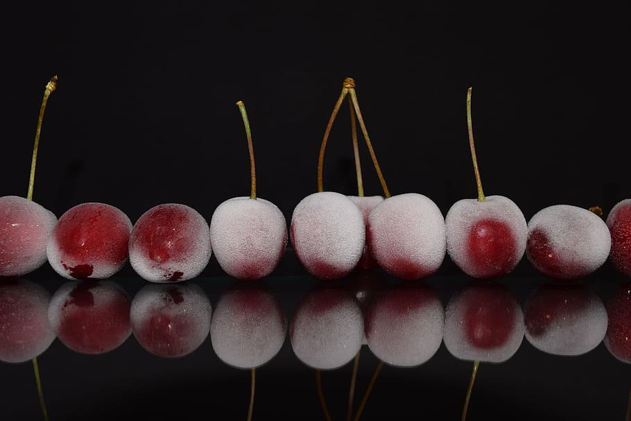 cherries, red, close, mirroring, frosted, frozen, delicious HD wallpaper