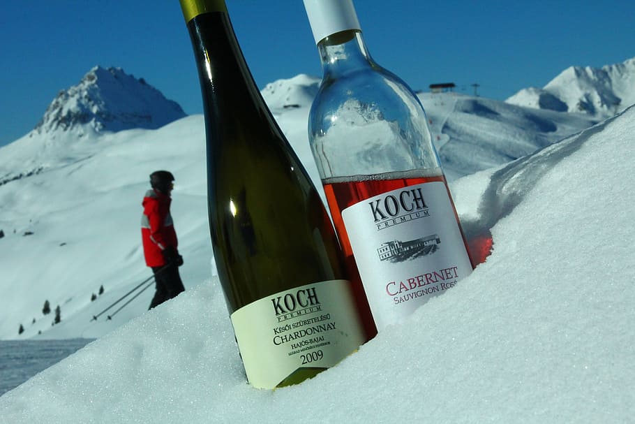 wine, rosé, ski resort, snowboard, cold temperature, winter