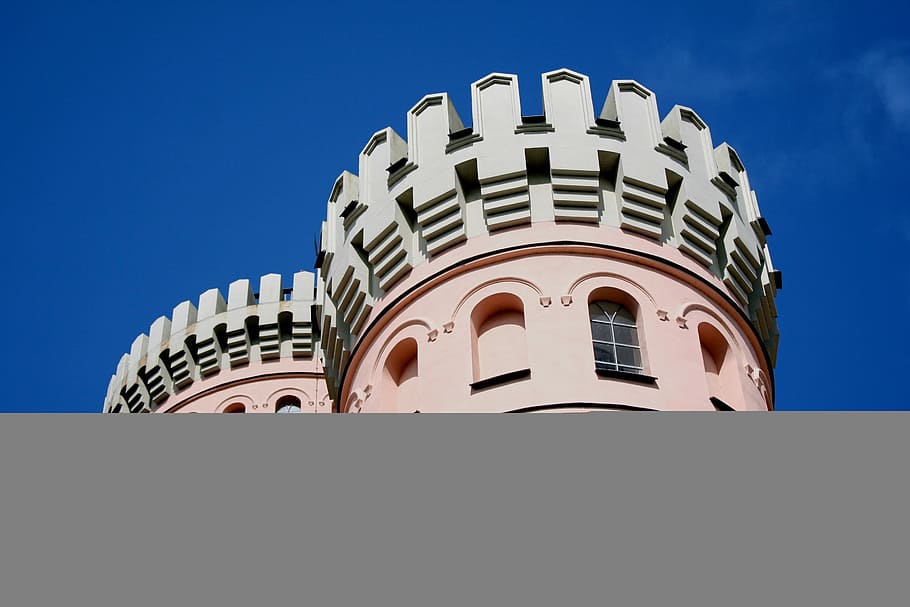 pink and white tower under blue cloudy sky, top of gray and pink concrete building HD wallpaper