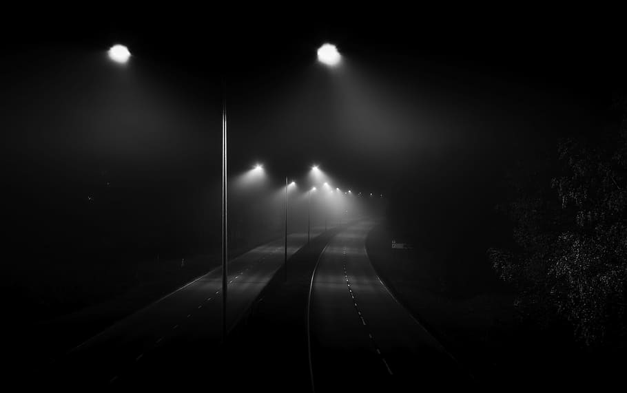 grayscale photography of roas, dark photo of concrete road, black and white
