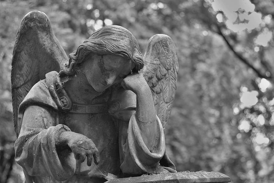 grayscale photo of angel statue, cemetery, stone, hands, sadness