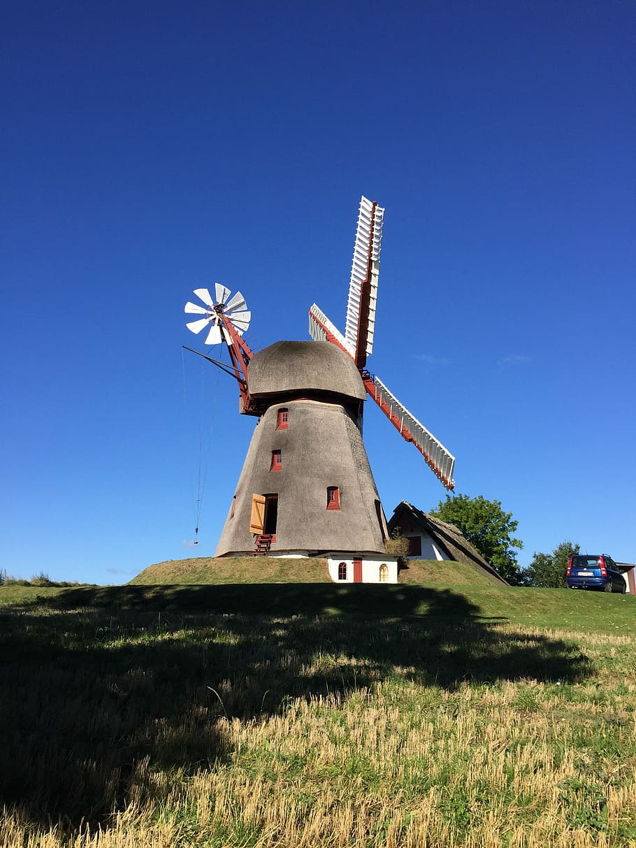 Denmark, Windmill, Craft, traditionally, thatched roof, blue sky HD wallpaper