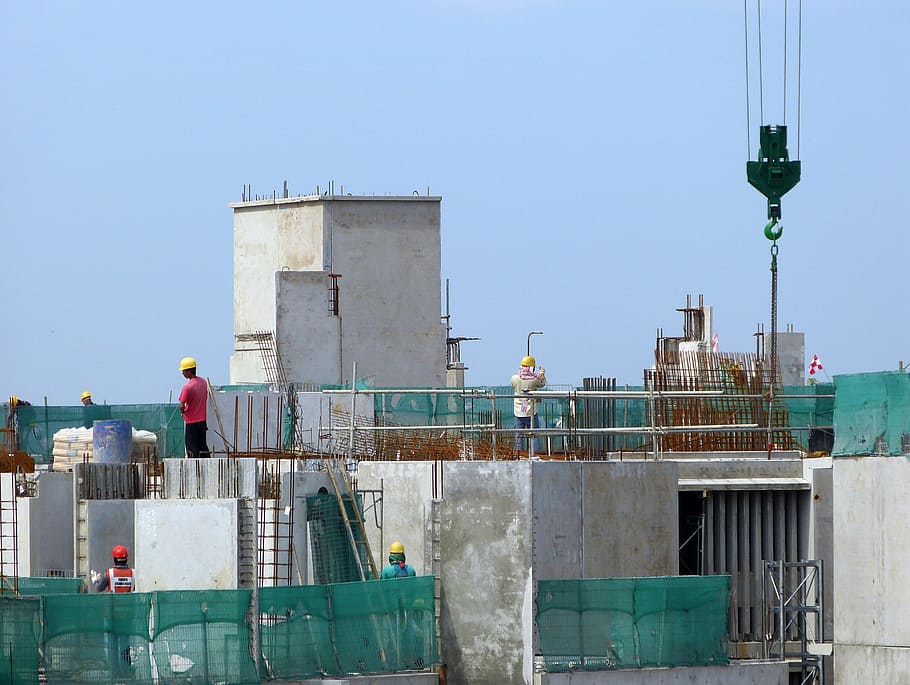 person standing on concrete building, construction, site, crane HD wallpaper