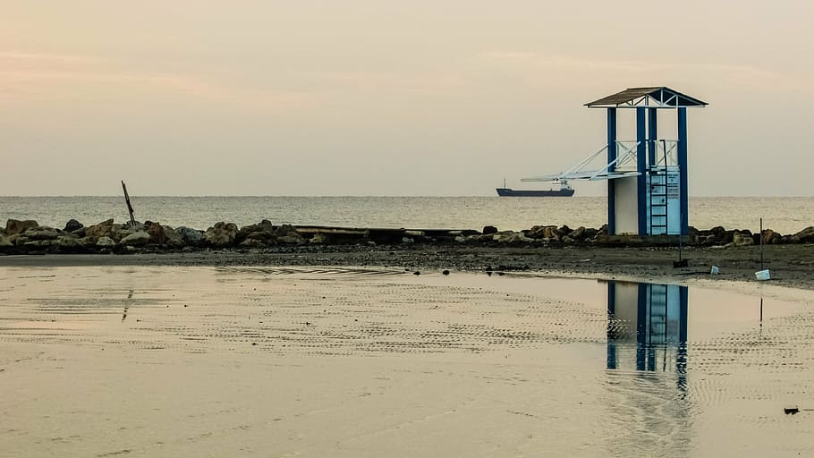 cyprus, larnaca, reflection, watchtower, sunrising, water, sea HD wallpaper