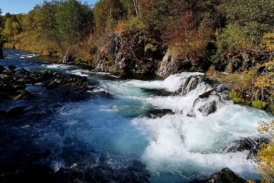autumn, river, waterfall, threshold, cascade, forest, fall colors HD wallpaper