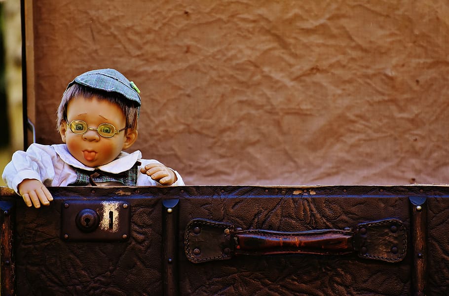 doll, boy, cute, children, funny, sweet, luggage, antique, leather HD wallpaper