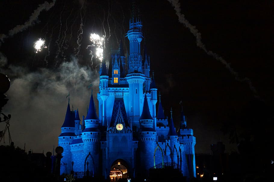 Disney Castle, mapped, special effects, night, lights, fireworks